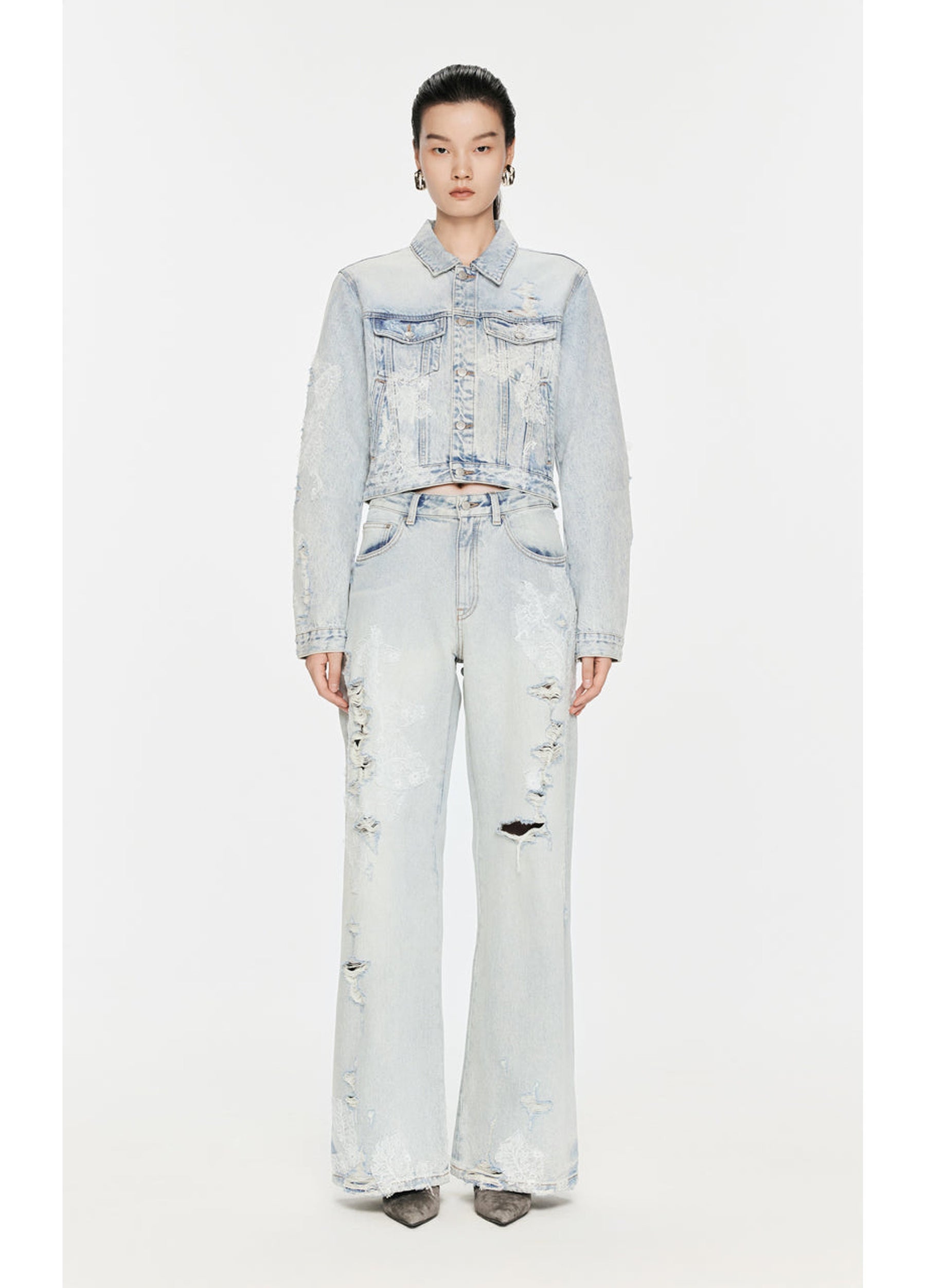 JNBY Distressed Wide-Leg Washed Jeans