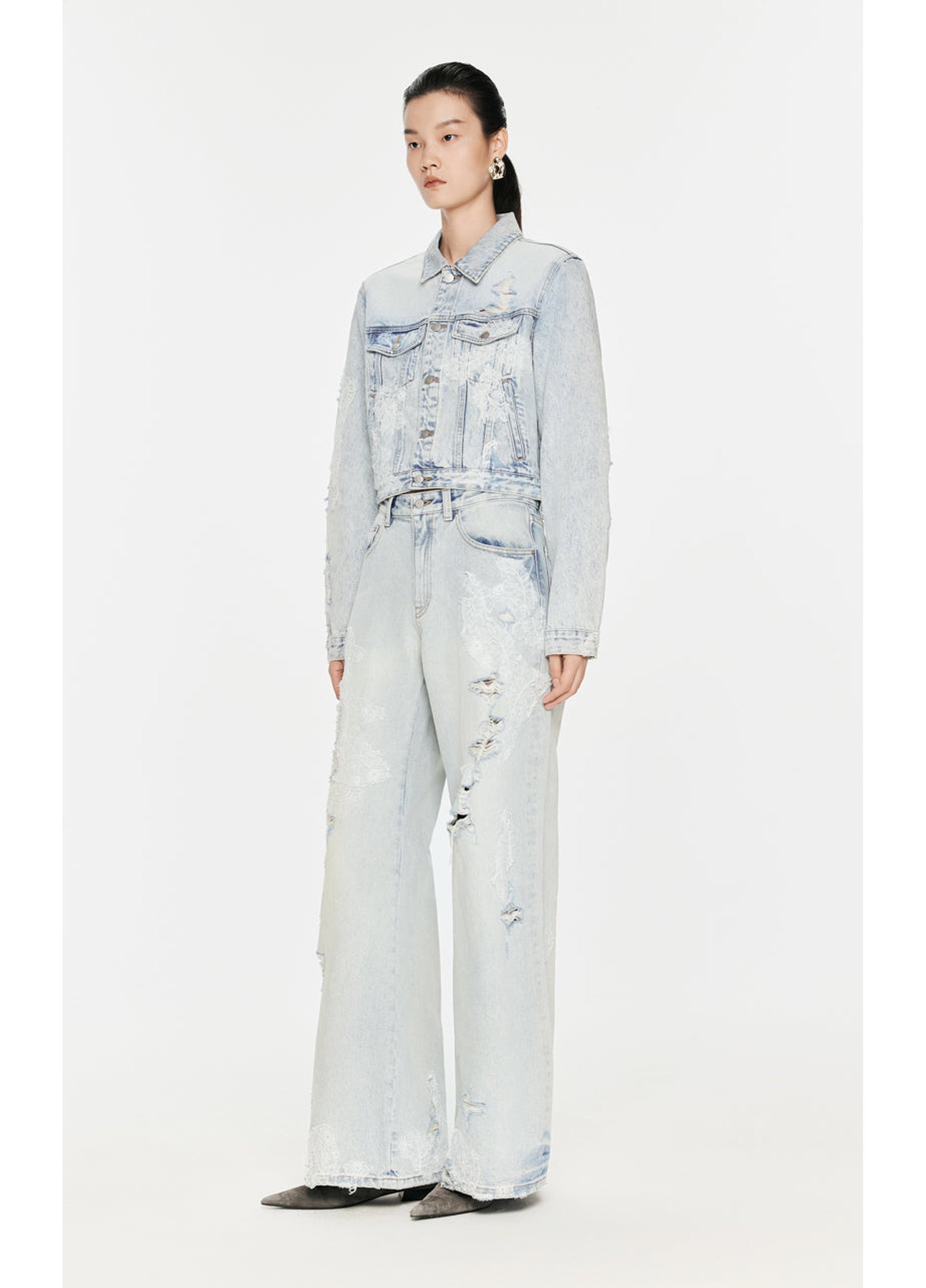 JNBY Distressed Wide-Leg Washed Jeans