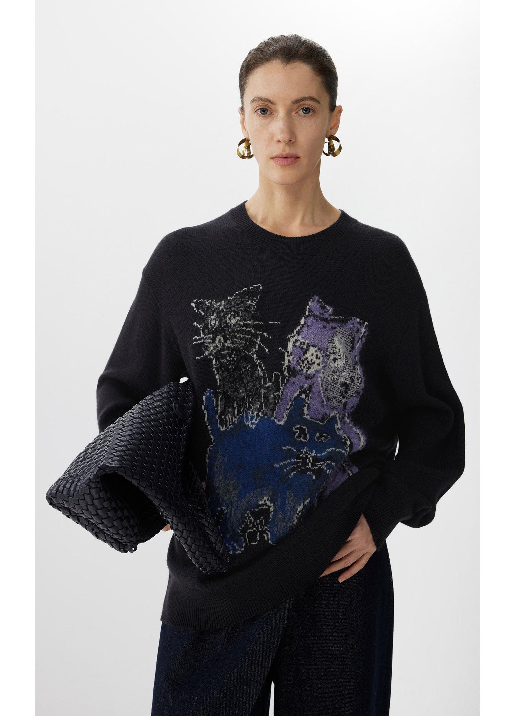 JNBY Loose Fit Cat Print Long-Sleeve Sweater