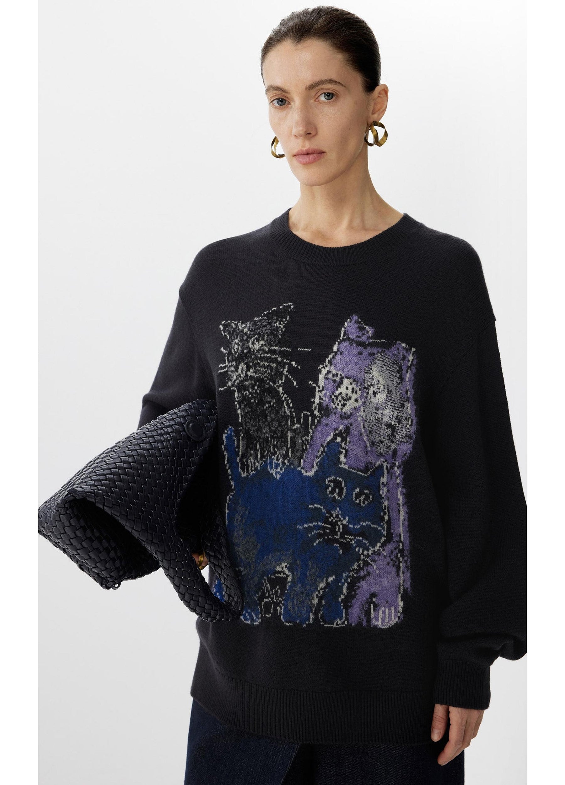 JNBY Loose Fit Cat Print Long-Sleeve Sweater
