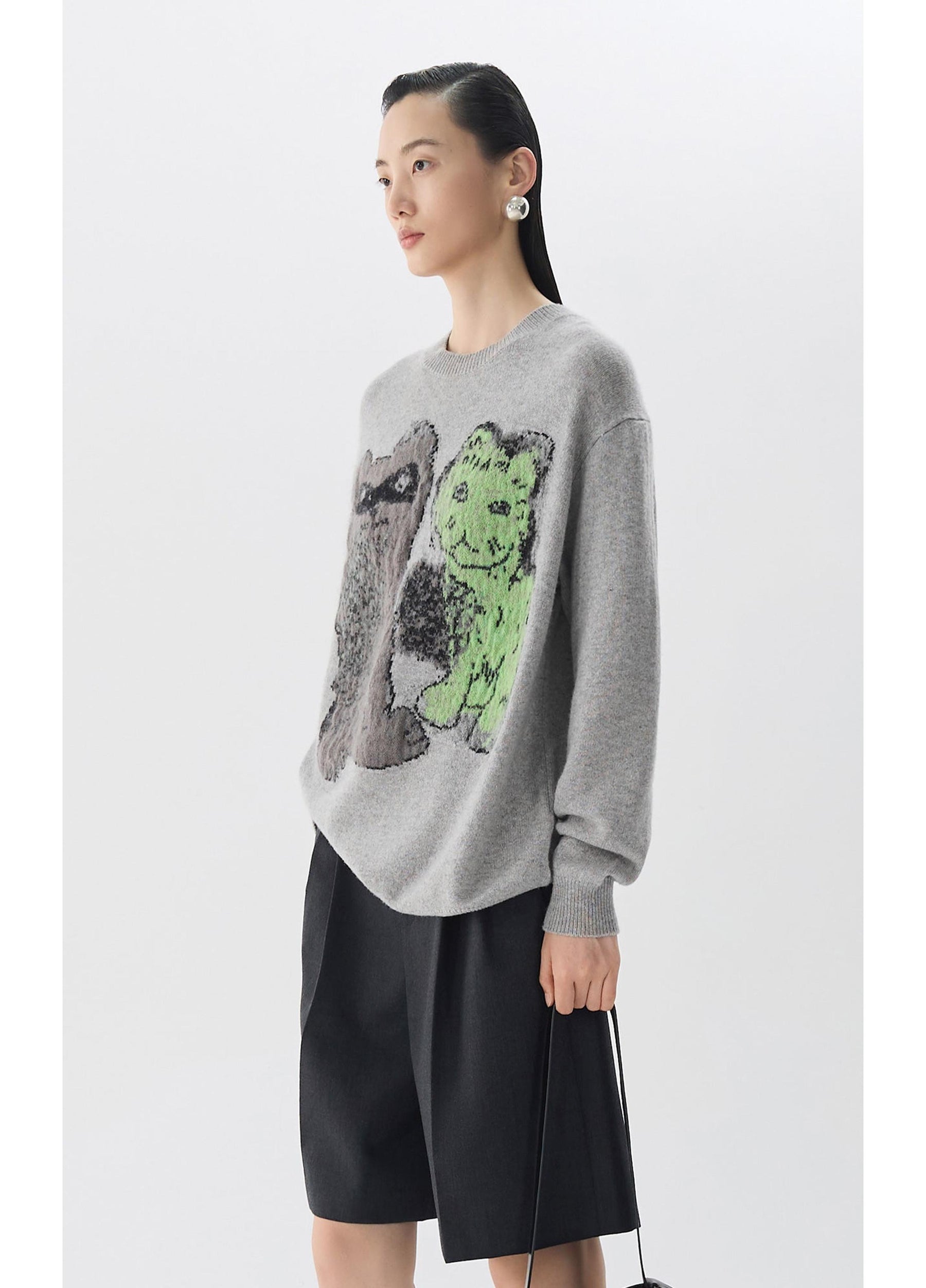 JNBY Loose Fit Cat Print Long-Sleeve Sweater