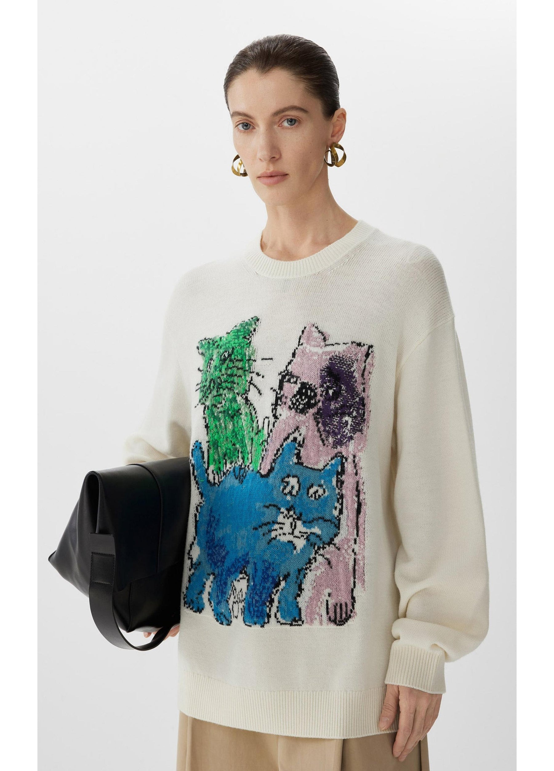 JNBY Loose Fit Cat Print Long-Sleeve Sweater