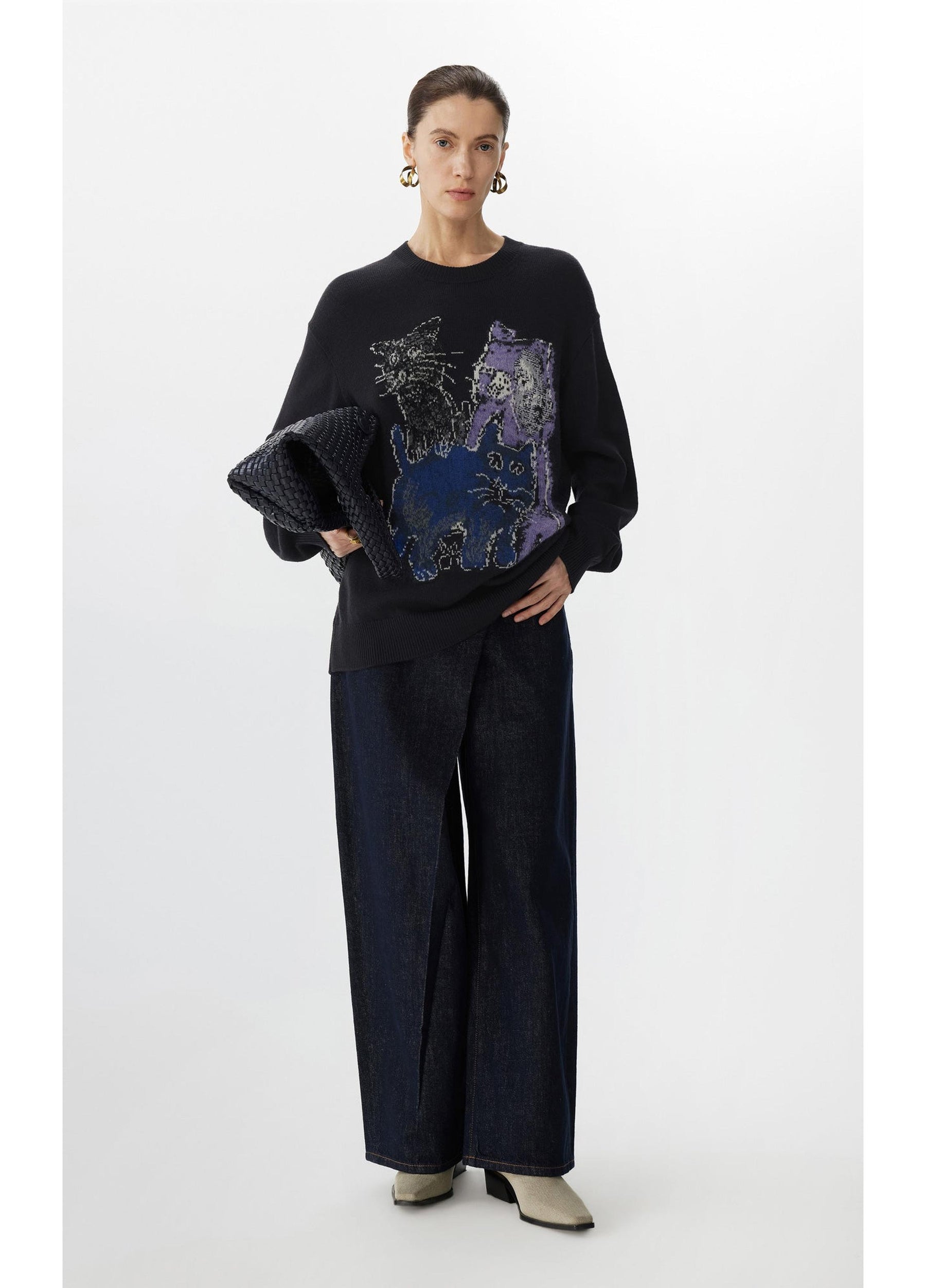 JNBY Loose Fit Cat Print Long-Sleeve Sweater