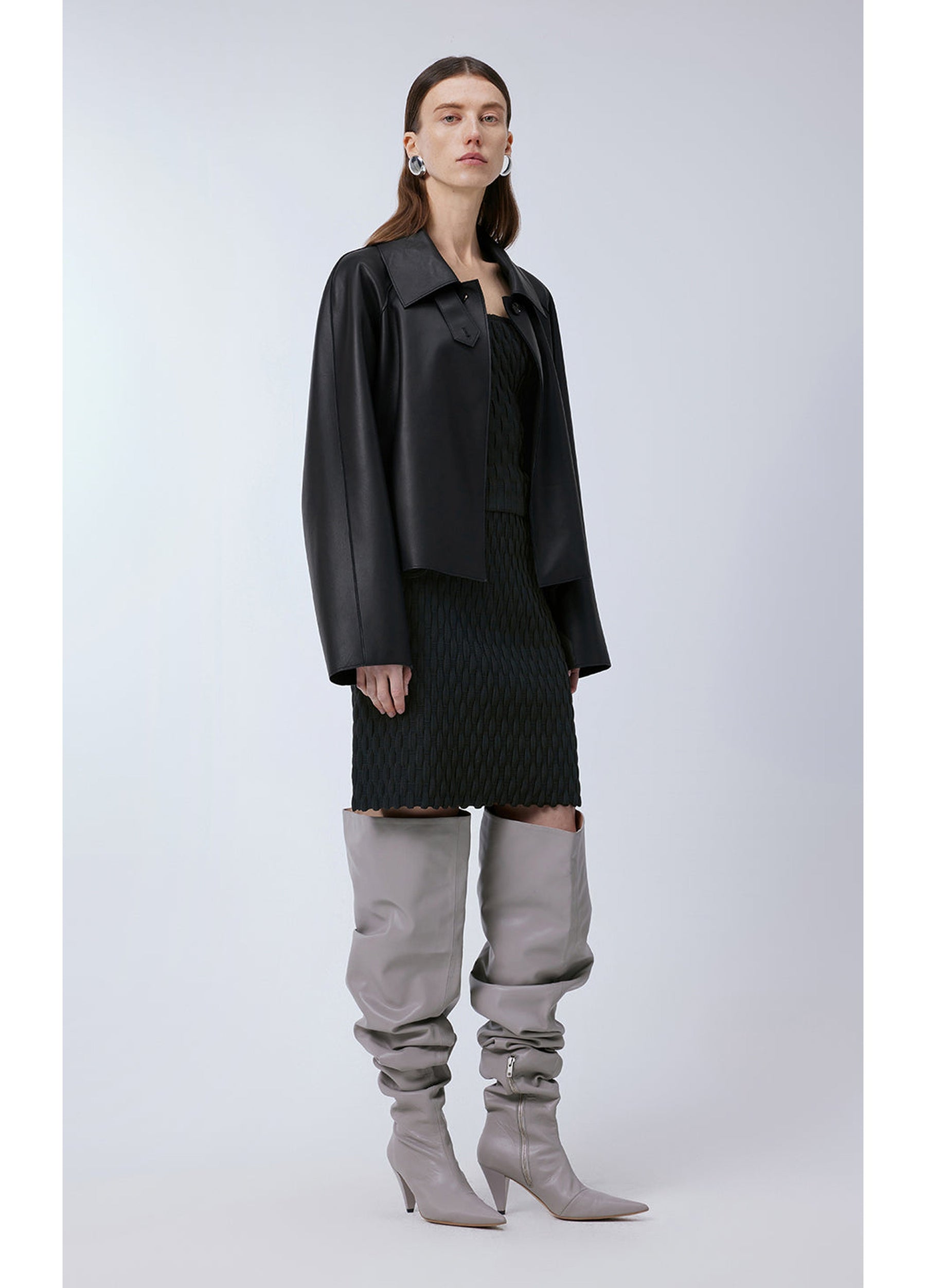 JNBY Classic Collar Cropped Sheep Leather Coat